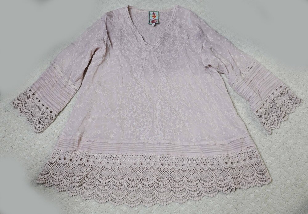 Johnny Was Embroidered Lace Trim Tunic Top Blouse Pink C25919-6 Size M